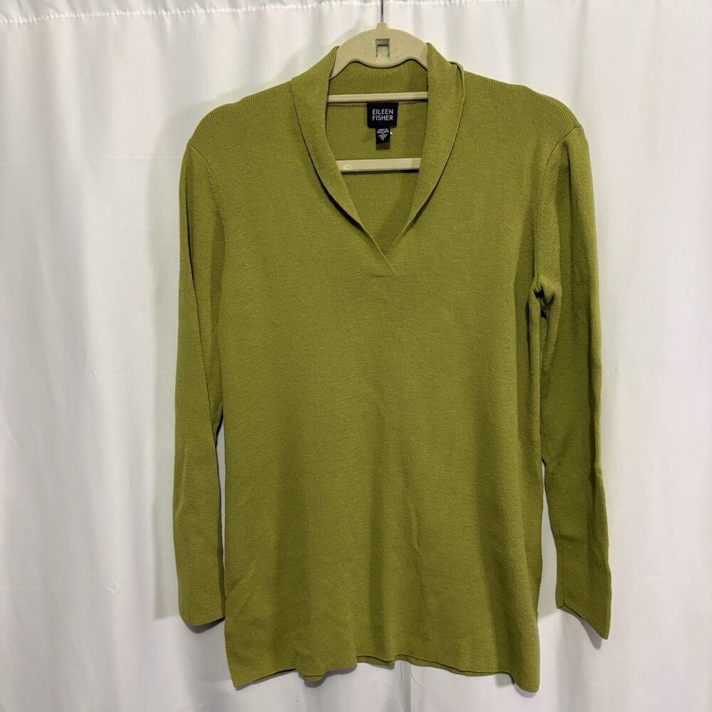 Eileen Fisher 100% Wool Green V-Neck Tunic Sweater Long Sleeve S Vintage Italian